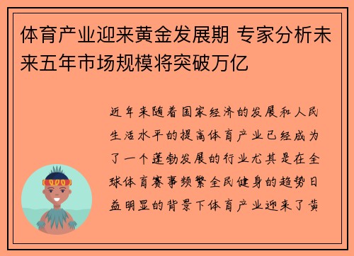 体育产业迎来黄金发展期 专家分析未来五年市场规模将突破万亿